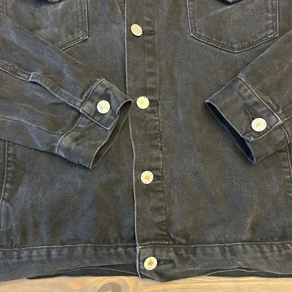 Conspiracy WESC Denim Jacket Unisex Black Smiley Face Trucker Mens m Women’s L - Picture 6 of 15